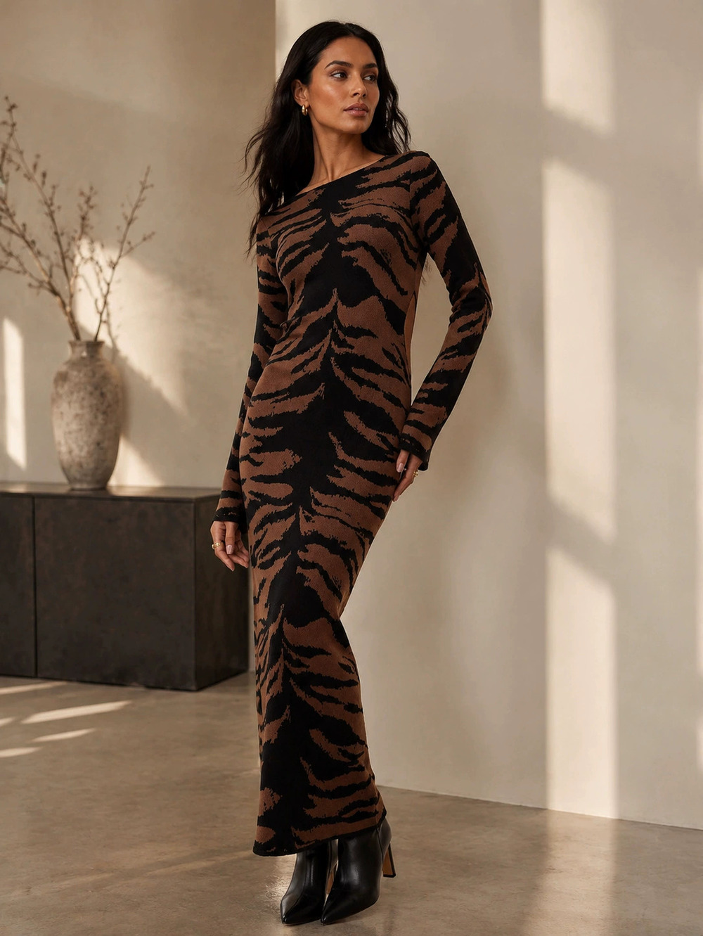Zara Brown Printed Long Sleeve Knit Bodycon Side Slit Dress